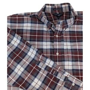 LANDS'‎ END Men's 19-35 BIG Burgundy Tartan Plaid Supima No Iron Oxford Shirt